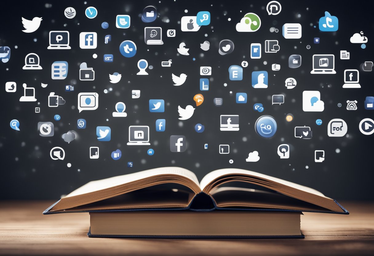 A book with social media icons floating around it, representing the concept of advertising and promoting a book on various social media platforms