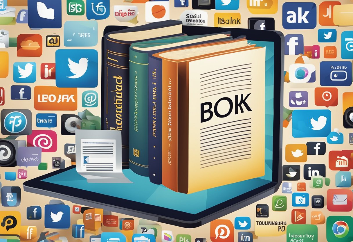A book with "Leveraging Paid Advertising The Ultimate Guide to Advertising Your Book on Social Media" displayed on a computer screen surrounded by social media logos and colorful ad graphics