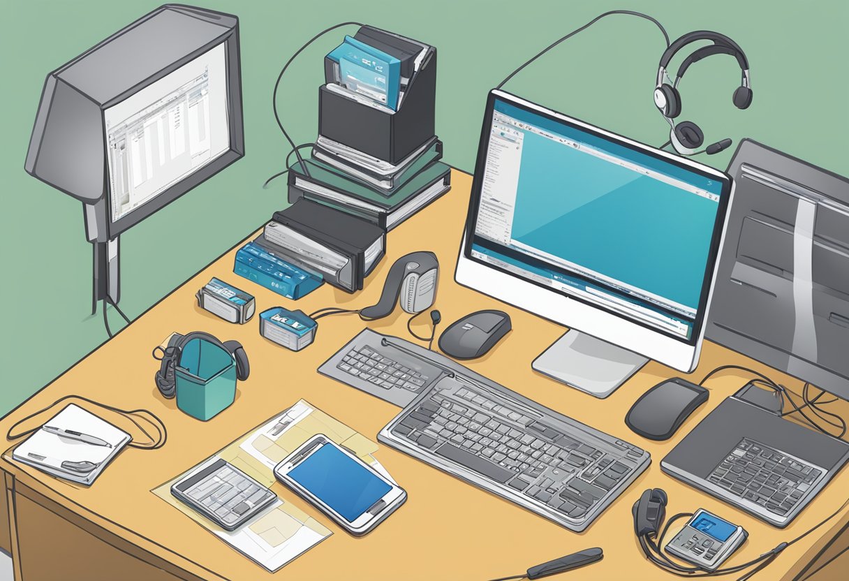 An office desk with a computer displaying "Bling ERP" software, surrounded by technical support materials and a phone with headset