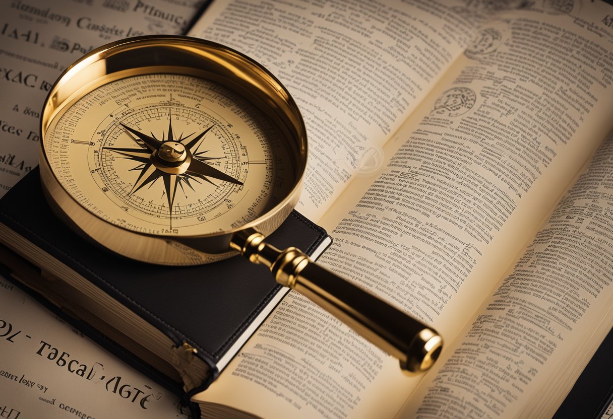 A book with a magnifying glass, a scale balancing legal and ethical symbols, and a compass guiding through PPC strategies