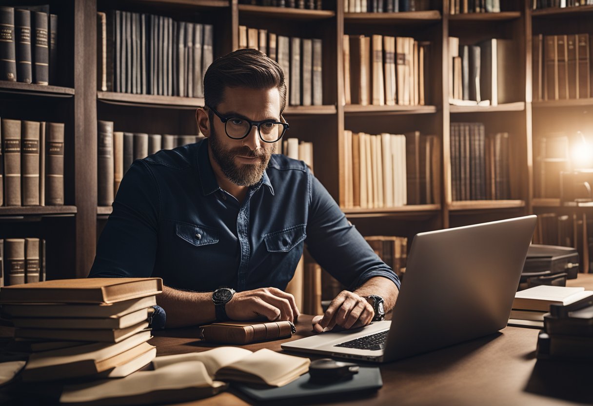 An author sits at a desk, surrounded by books and a laptop. They are setting up their first Amazon advertising campaign, eager to reach new readers