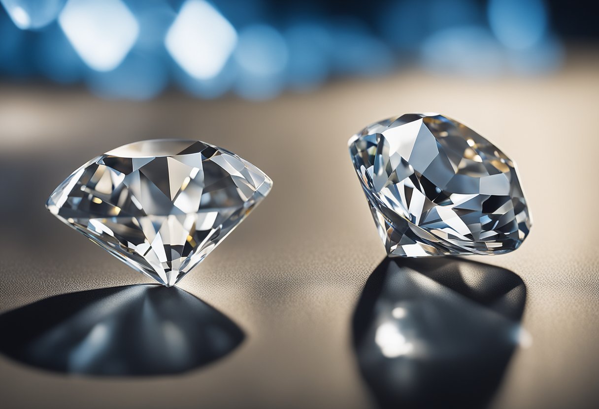 A lab diamond and a natural diamond side by side, with a price tag hovering above the lab diamond, illustrating the question "How much should I spend on a lab diamond?"