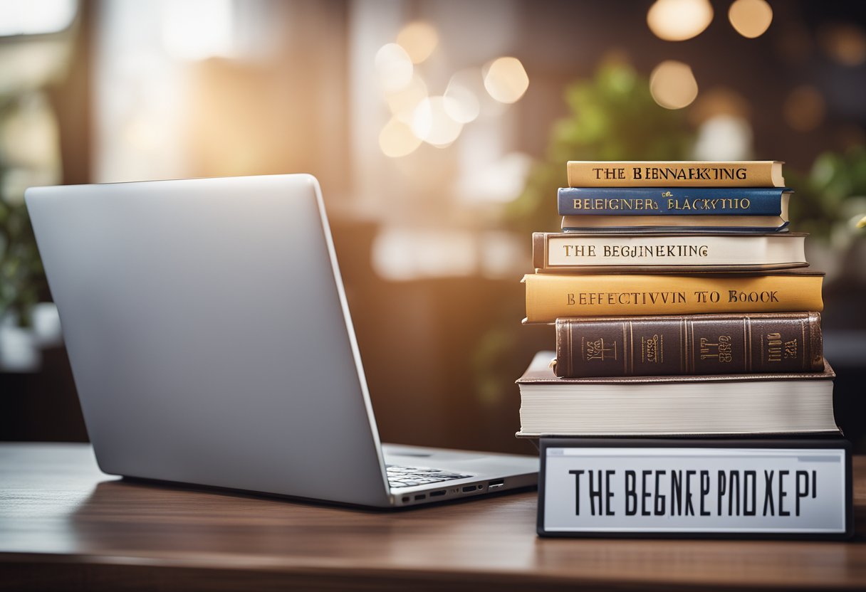A stack of books with "The Beginner's Playbook to Effective Book Marketing with Google Ads" on the cover, surrounded by digital marketing icons and a laptop
