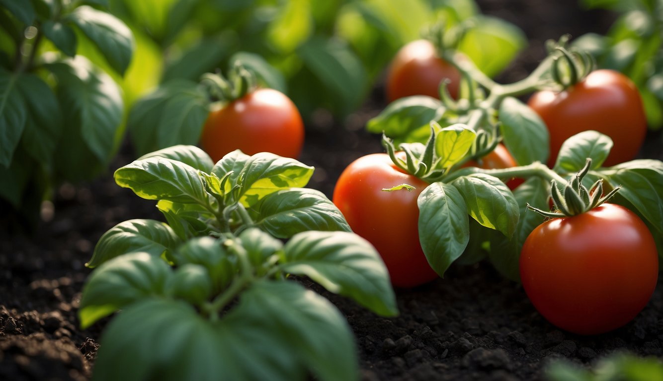 Lush green basil and vibrant red tomatoes grow side by side in a well-organized garden bed, showcasing the concept of companion planting