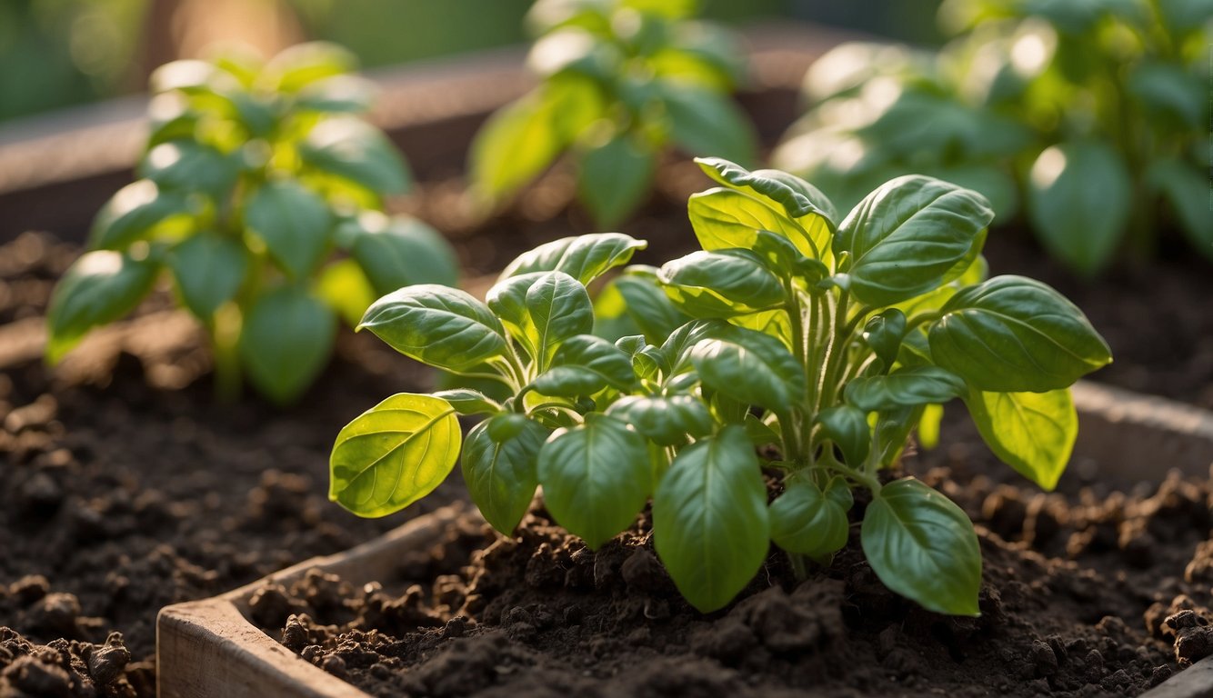 Basil and tomato plants grow closely together in a garden bed, sharing the same soil and sunlight. The basil's fragrant leaves provide natural pest protection for the tomato plants, creating a harmonious and beneficial relationship
