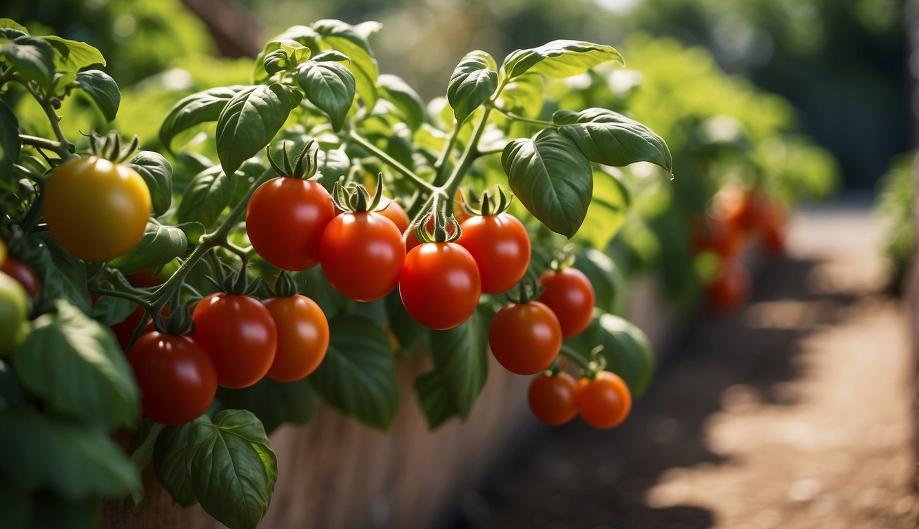 Lush green basil and ripe red tomatoes grow side by side in a sun-drenched garden, their fragrant leaves and juicy fruits intermingling in perfect harmony