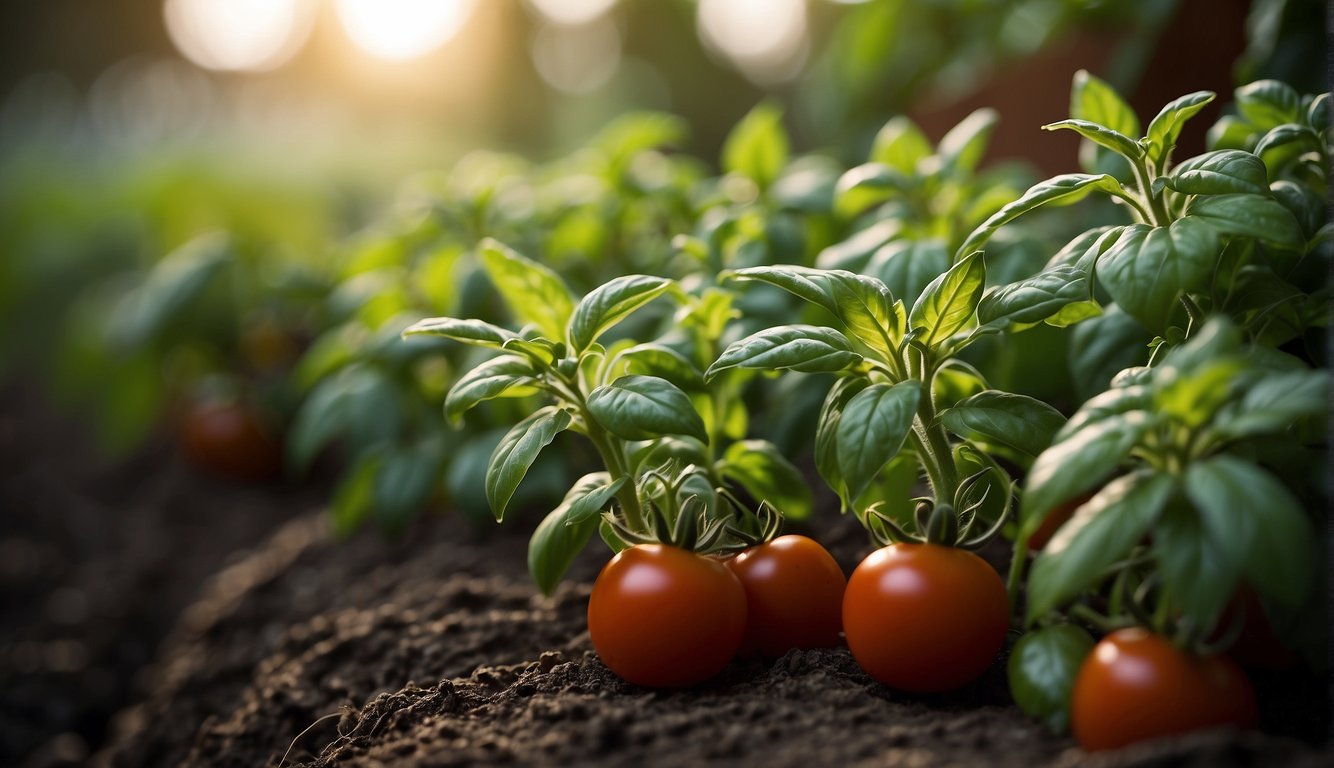 Basil and tomato plants grow closely together, with intertwining stems and vibrant green leaves. The aromatic scent of basil fills the air as the tomatoes ripen on the vine