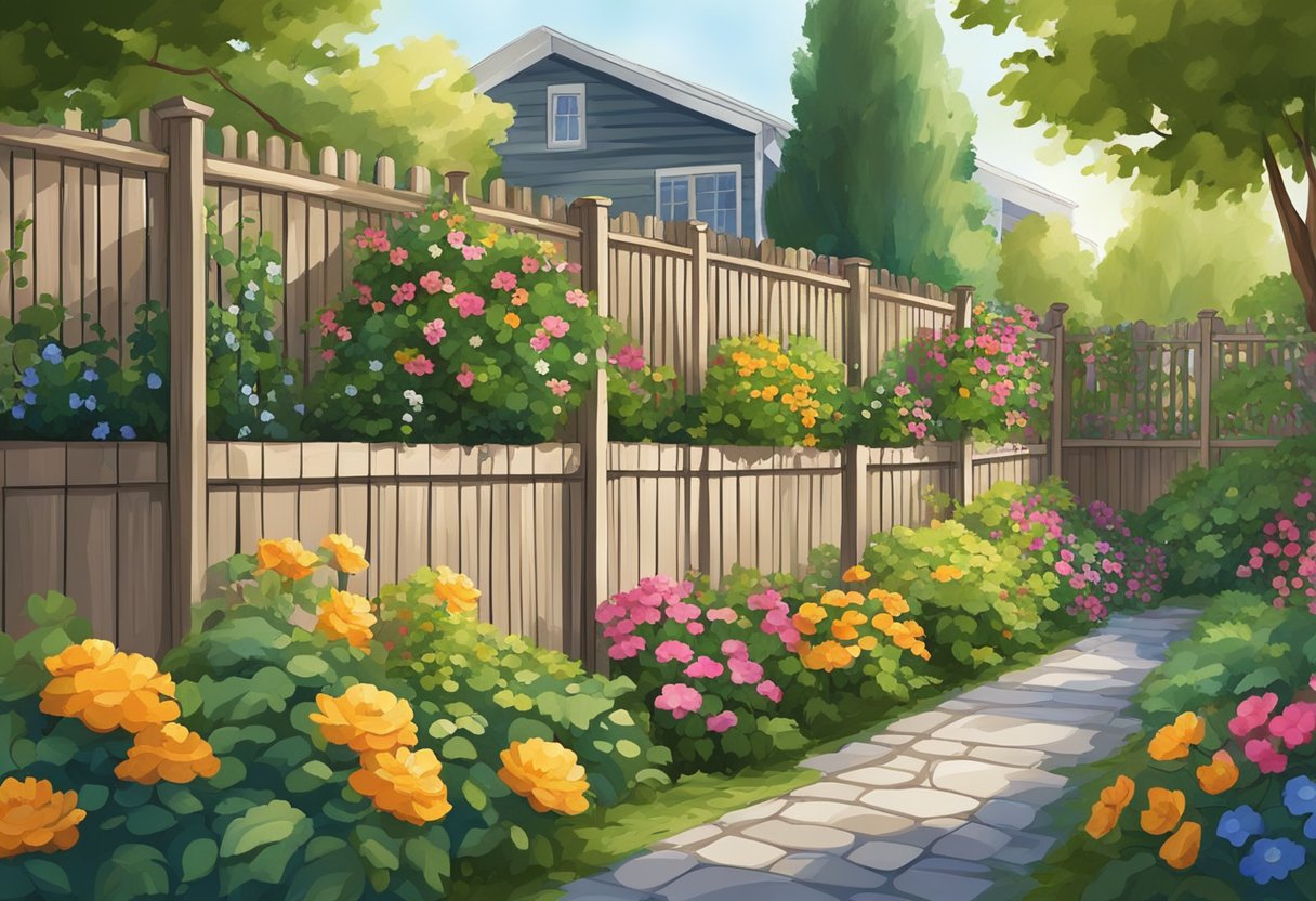 A tall wooden fence surrounds a backyard, adorned with climbing vines and colorful flowers. Trees and shrubs provide additional privacy from neighboring properties