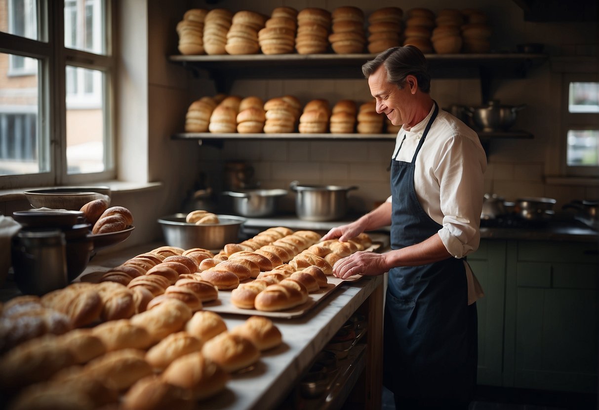 A traditional Dutch bakery with shelves of Nonnevotten pastries and a baker shaping dough in a cozy kitchen