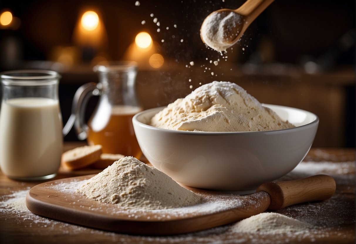 A table with flour, sugar, yeast, and milk. A bowl with dough being kneaded. Rolling pin and pastry cutter