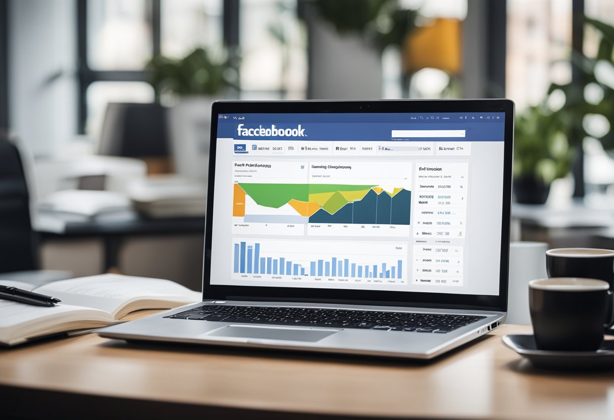 An open laptop displaying Facebook ad campaign analytics with a graph showing increasing ROI, surrounded by books and a budget spreadsheet