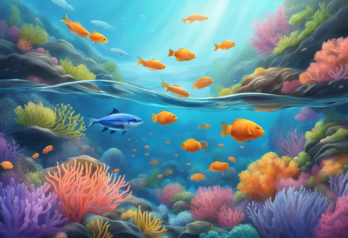 A serene ocean scene with krill and fish swimming amidst vibrant coral reefs, showcasing the difference between krill oil and fish oil for health benefits