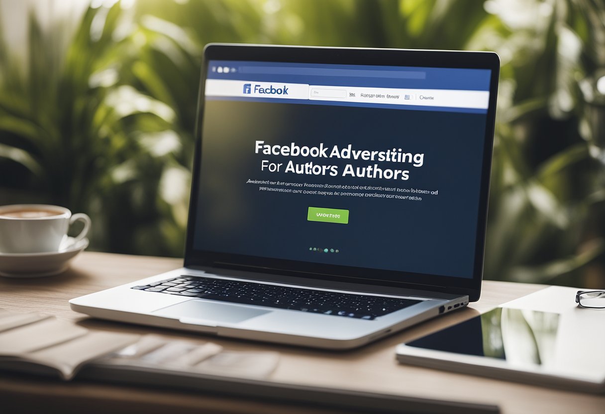 A laptop displaying Facebook's ad policies next to a book titled "Facebook Advertising for Authors" with a graph showing ROI