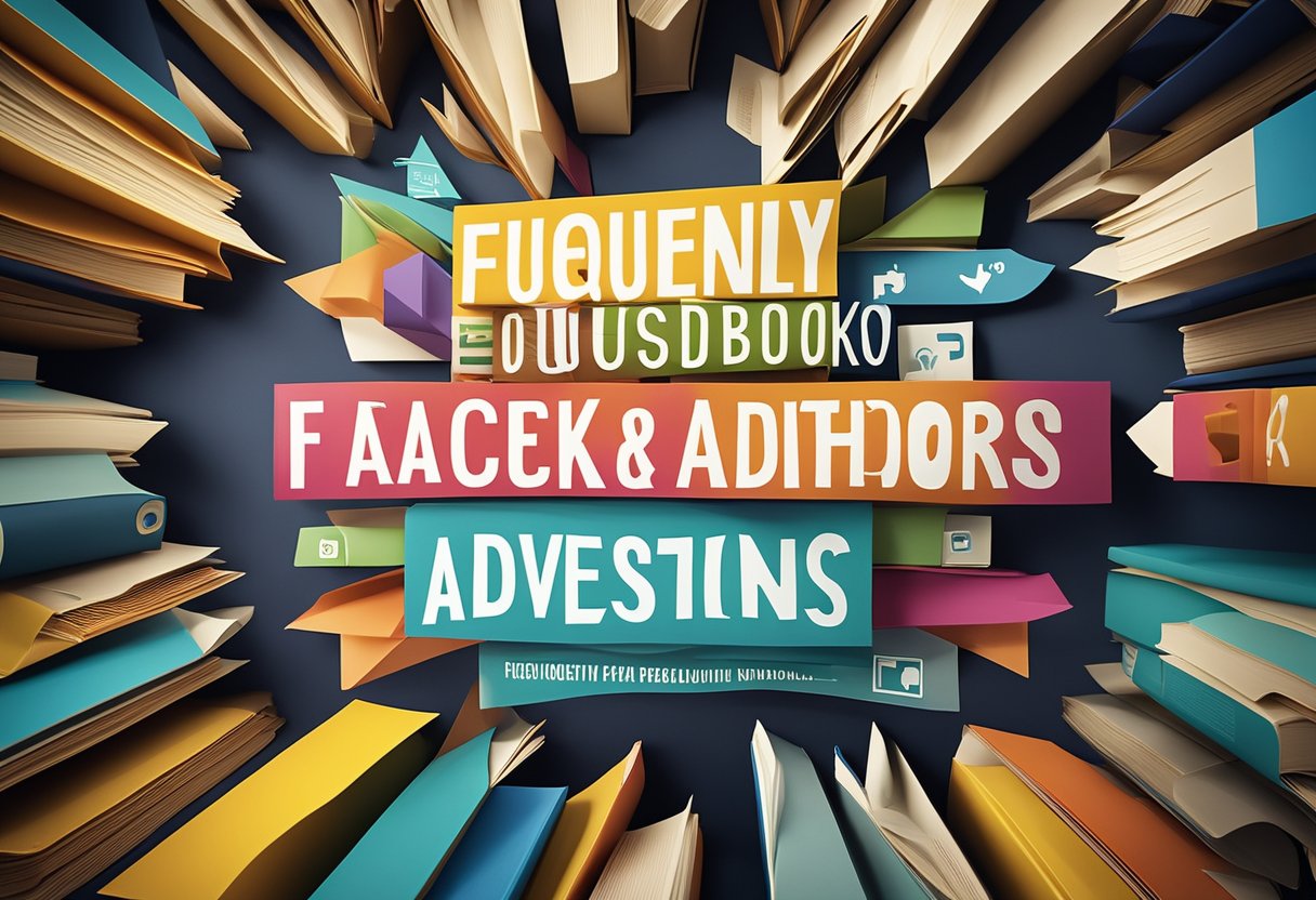 A book cover with "Frequently Asked Questions Facebook Advertising for Authors" title, surrounded by colorful and engaging Facebook ad designs