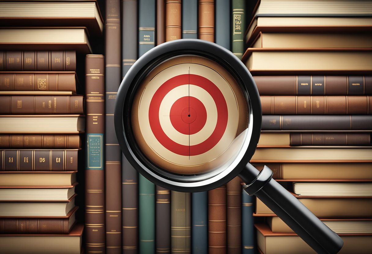 A book cover with a bullseye target overlay, surrounded by various book genres and a magnifying glass highlighting the word "readers."