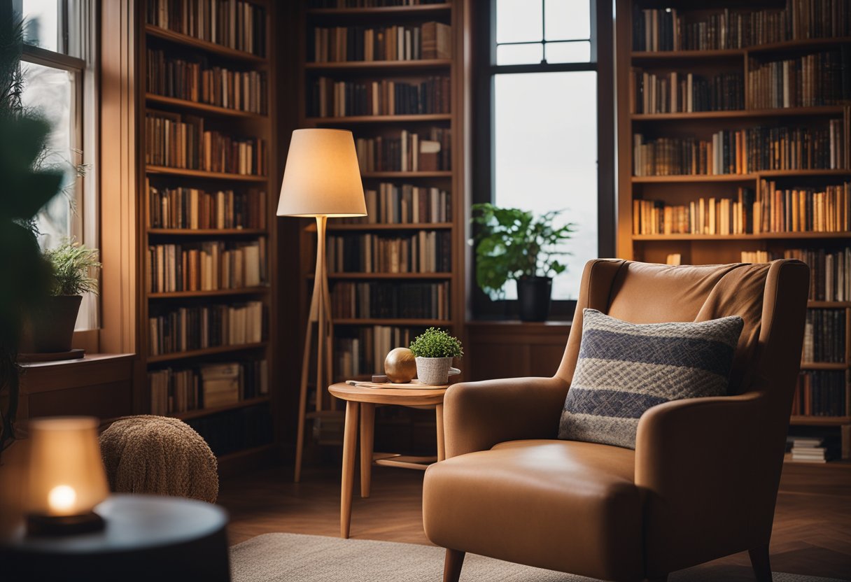 A cozy reading nook with a bookshelf filled with diverse genres, a comfortable armchair, and a warm lamp casting a soft glow