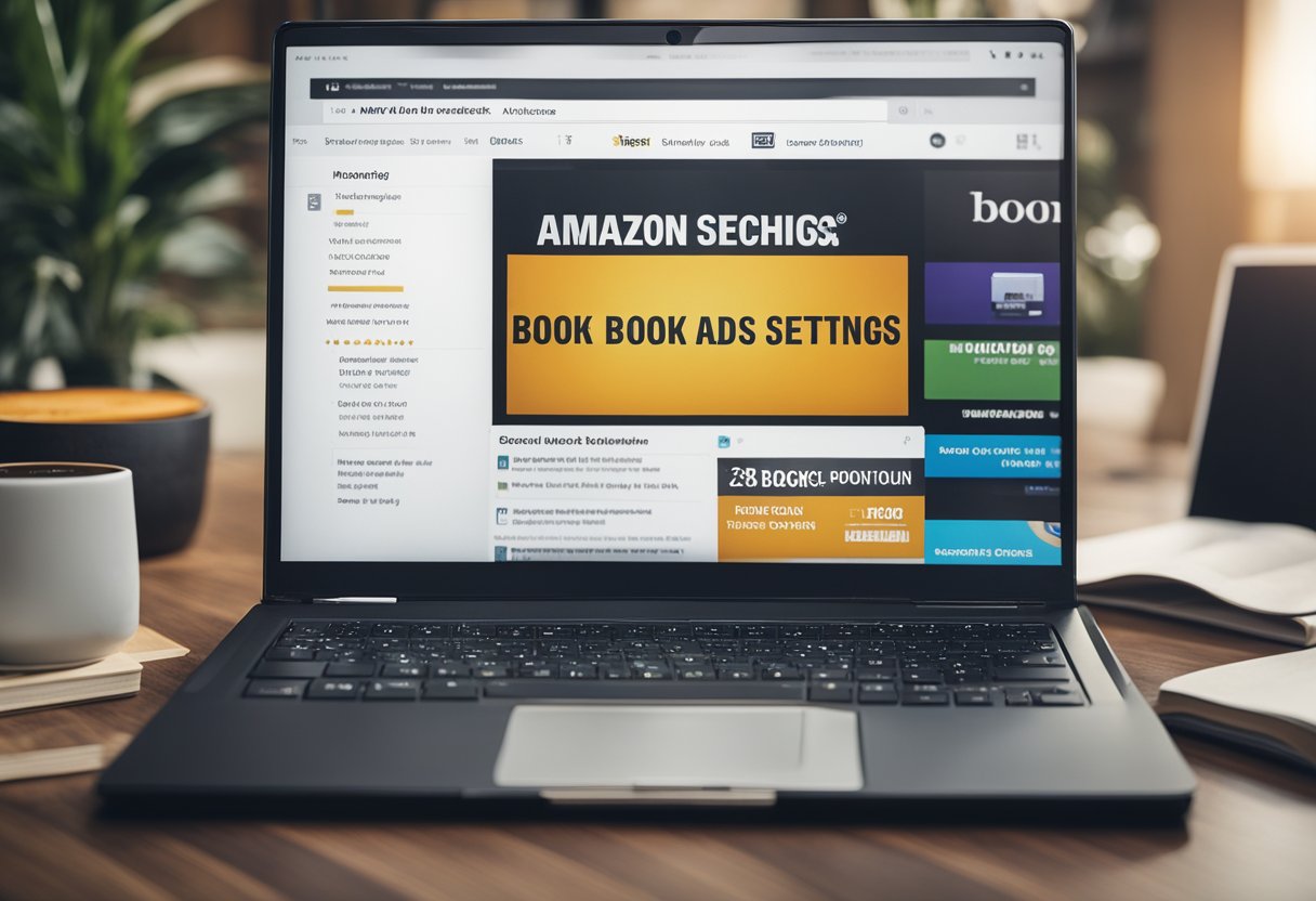 A laptop displaying Amazon Ads dashboard with book cover images, targeting options, and bidding settings. A stack of books in the background
