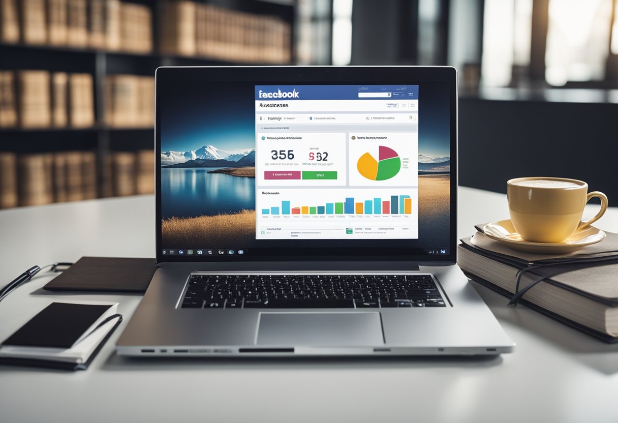 A laptop displaying a Facebook ad dashboard with graphs and targeting options. A stack of books with "Author Success" on the cover sits next to it