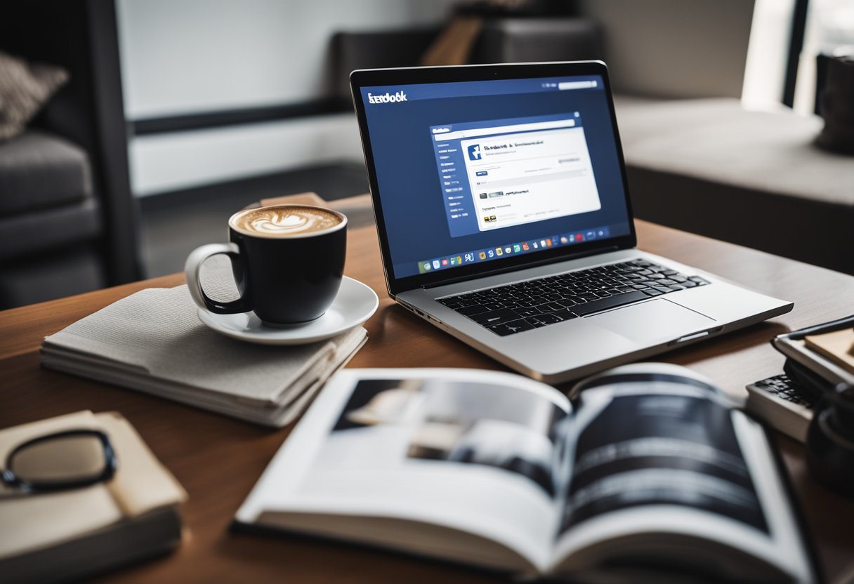 A laptop displaying a Facebook ad with engaging visuals and compelling copy, surrounded by books and a cup of coffee
