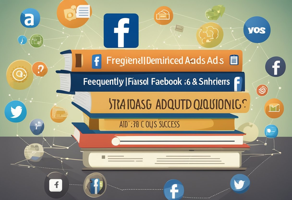 A stack of books with "Frequently Asked Questions Decoding Facebook Ads: Strategies for Author Success" on the cover, surrounded by social media icons and a laptop showing a successful ad campaign