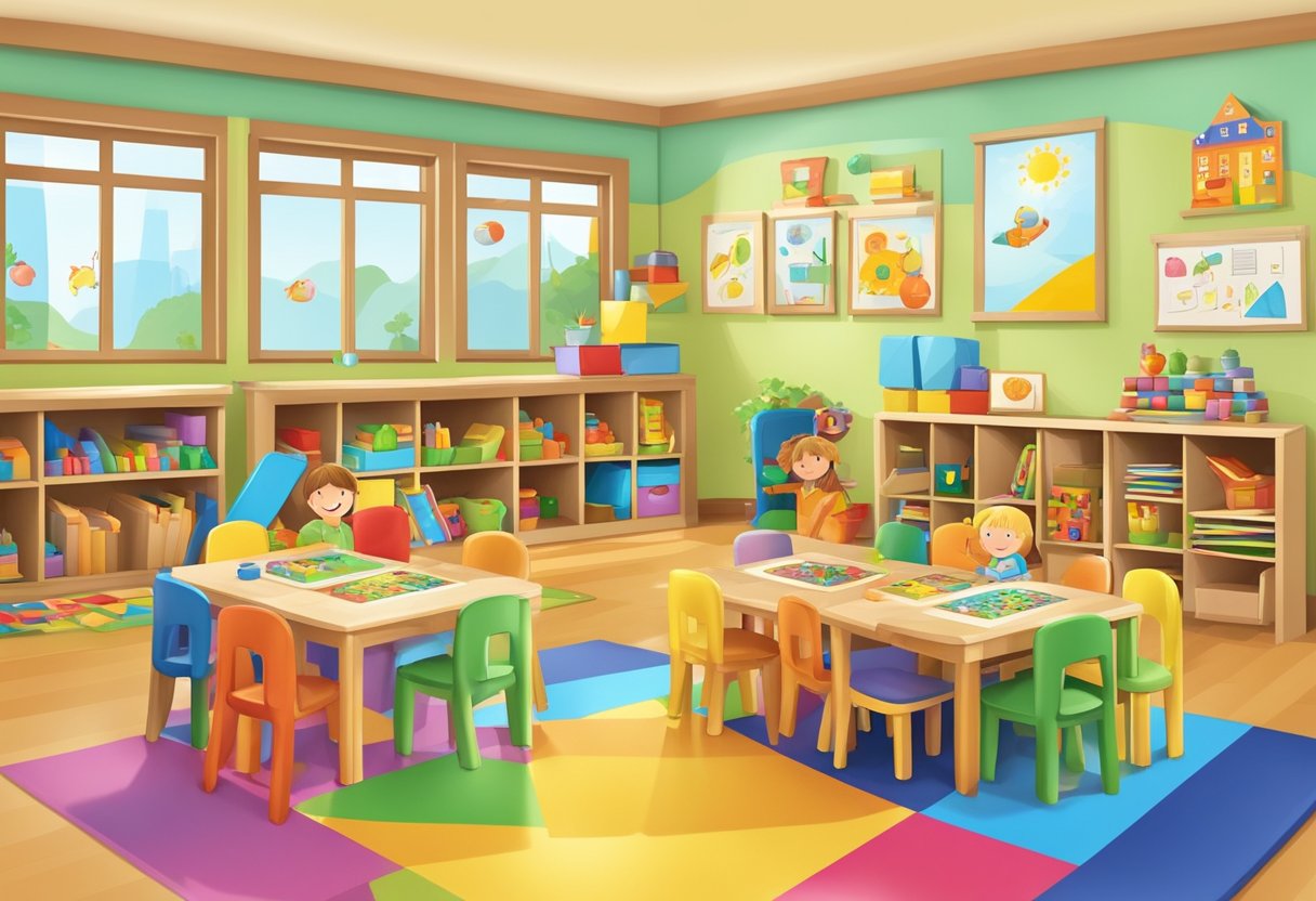 Preschool: Play-based learning, colorful toys, and storybooks. Kindergarten: Structured lessons, alphabet and number charts, and educational games
