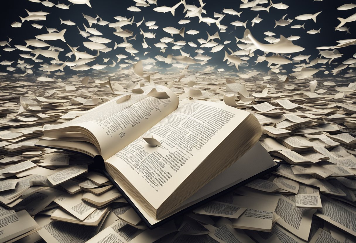 A book floating in a sea of data, with targeted ads circling around it like sharks, representing the power of ad targeting to reach the book's audience