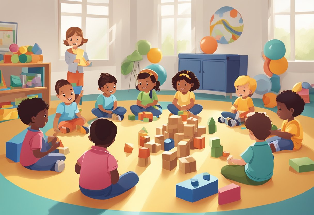 A group of preschoolers engages in free play with toys and blocks, while a kindergarten class sits in a circle for a structured lesson