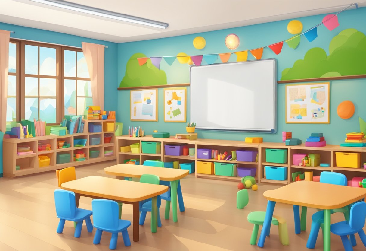 A colorful classroom with small chairs and tables for preschool, and larger desks and a whiteboard for kindergarten. Different educational materials and toys are neatly organized in both areas