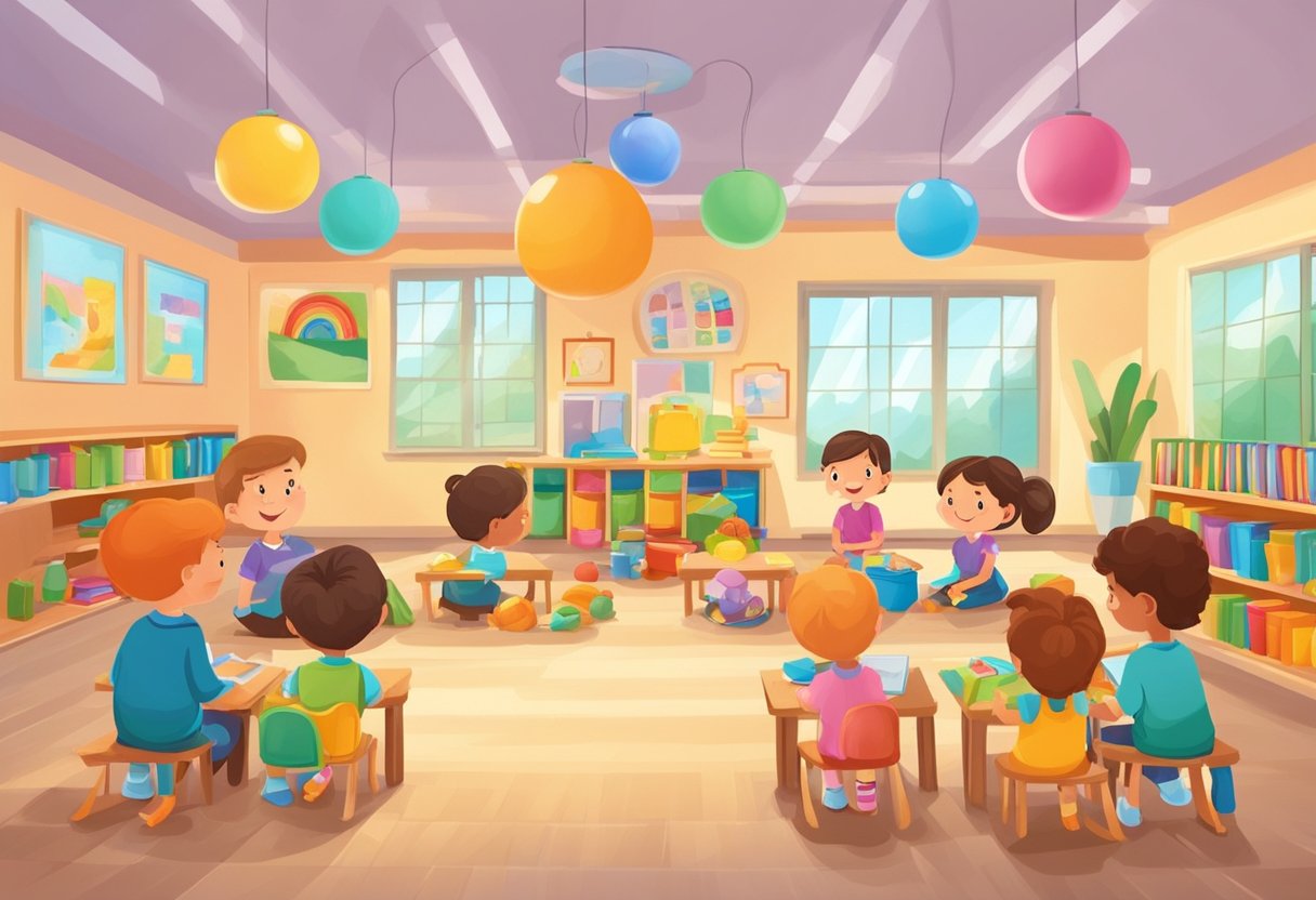 A colorful classroom with toys, books, and educational materials. A teacher explains the difference between preschool and kindergarten to a group of attentive children