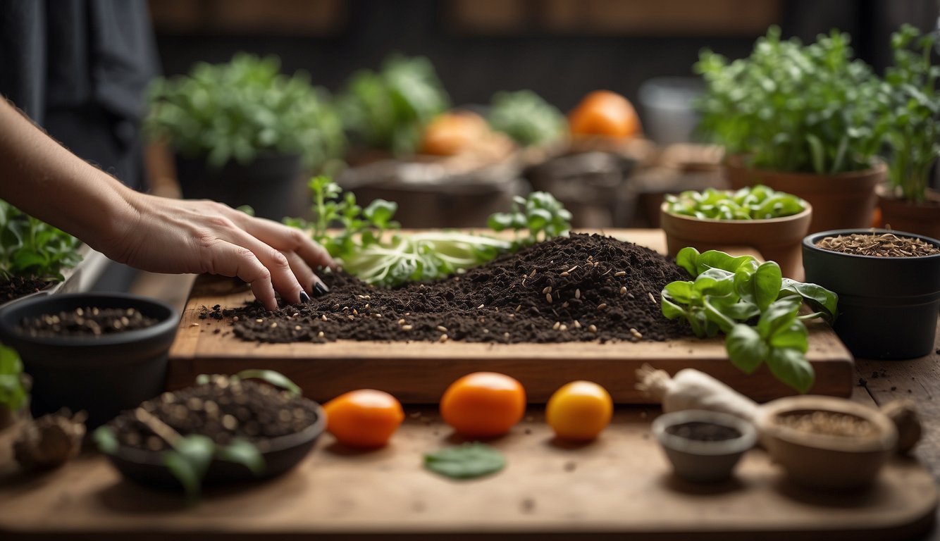 A hand reaching for vegetable scraps on a cutting board, surrounded by soil, seeds, and plant pots. A compost bin sits nearby
