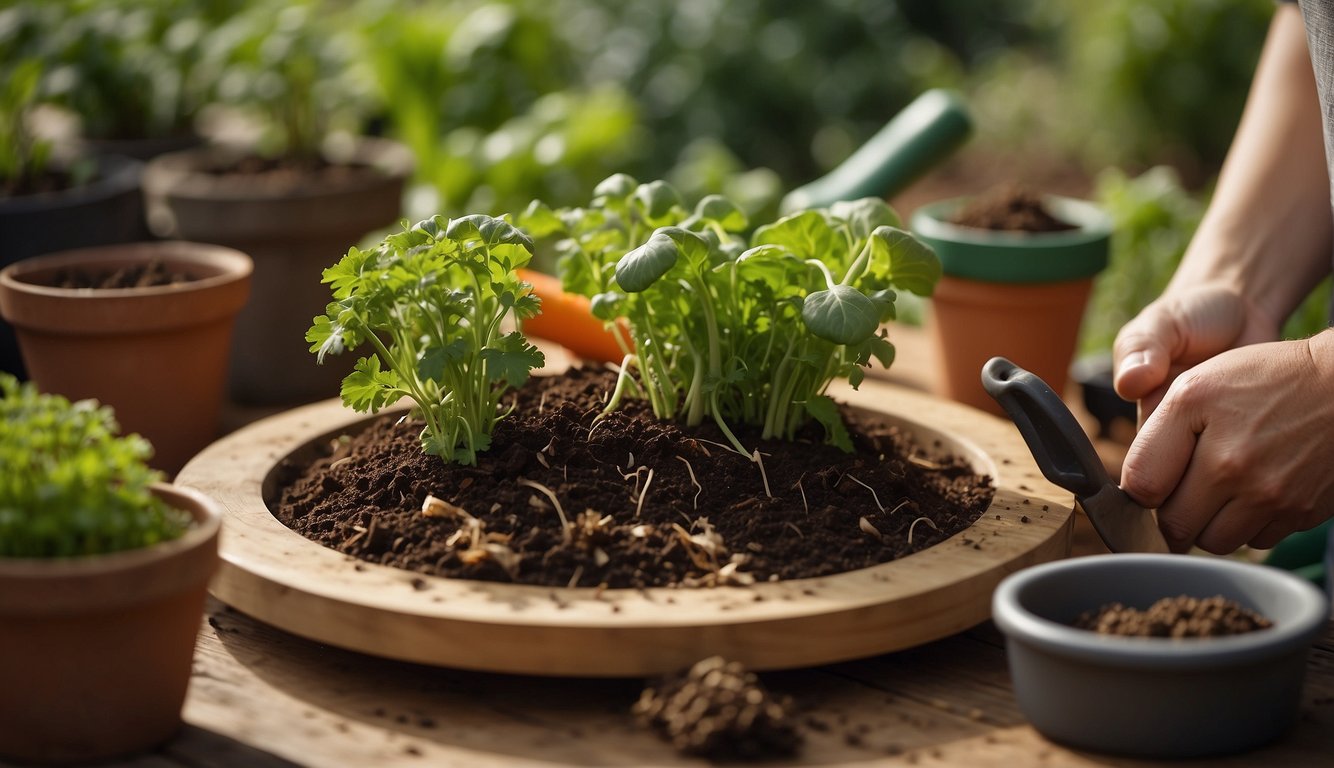 A table with various vegetable scraps, soil, and gardening tools. A small pot is being filled with soil and a carrot top is being planted