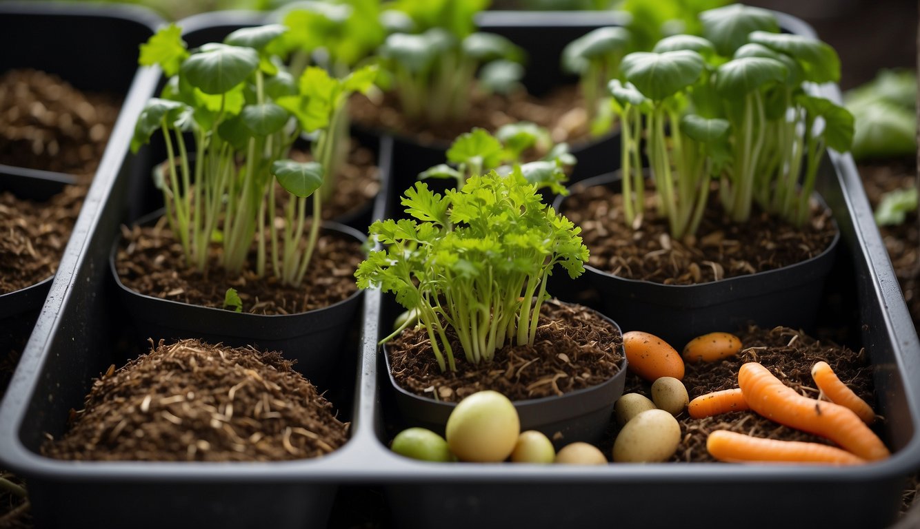 A variety of food scraps, such as carrot tops, avocado pits, and lettuce stems, are placed in soil-filled containers. New growth sprouts from the scraps, illustrating the process of growing food from kitchen leftovers