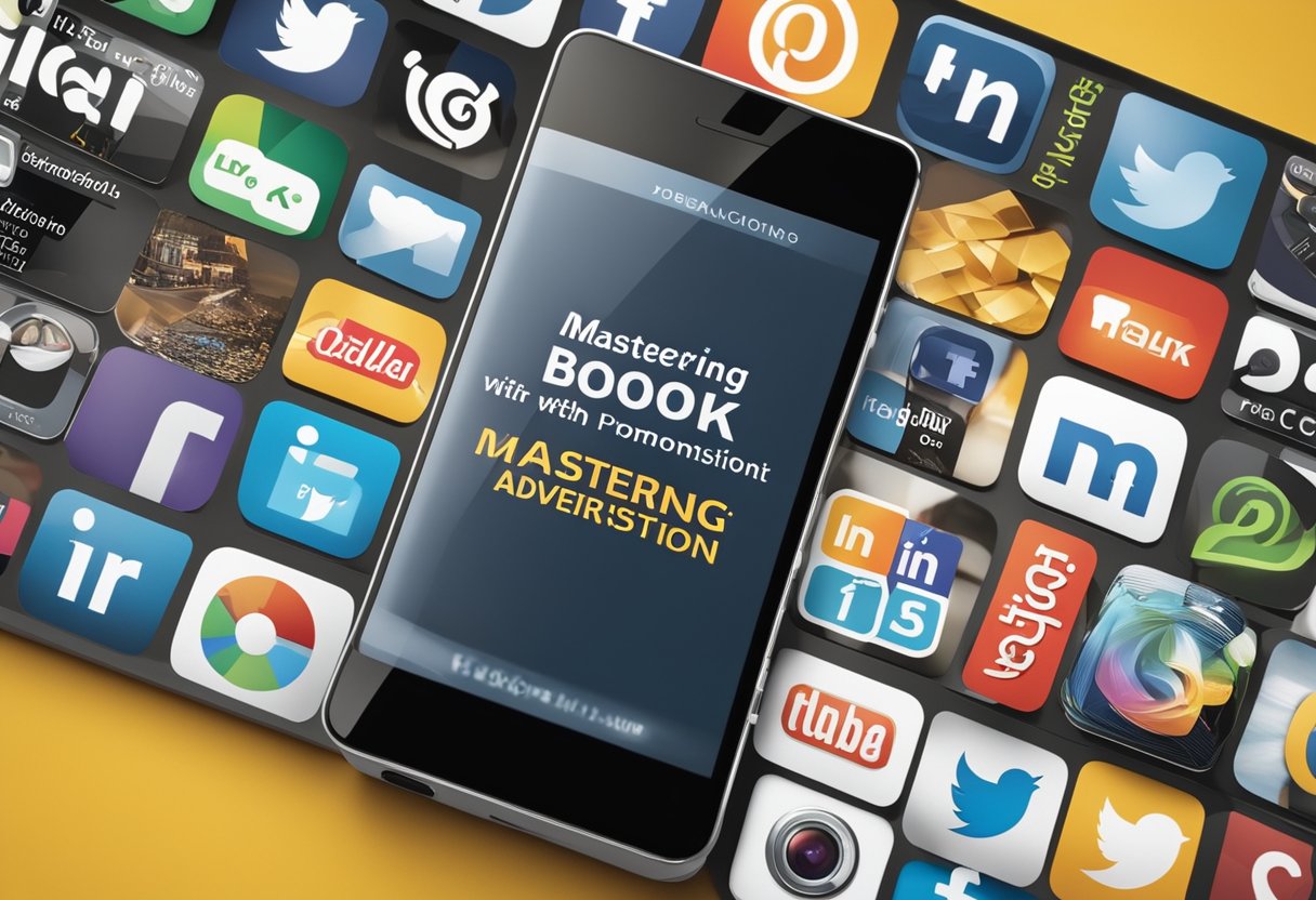 A book with the title "Mastering Book Promotions with Cross-Platform Advertising" displayed prominently on a digital screen surrounded by various social media icons and logos