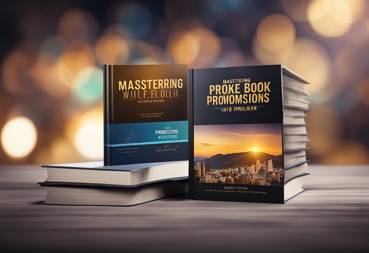A book with the title "Mastering Book Promotions with Cross-Platform Advertising" prominently displayed on a vibrant and eye-catching promotional poster