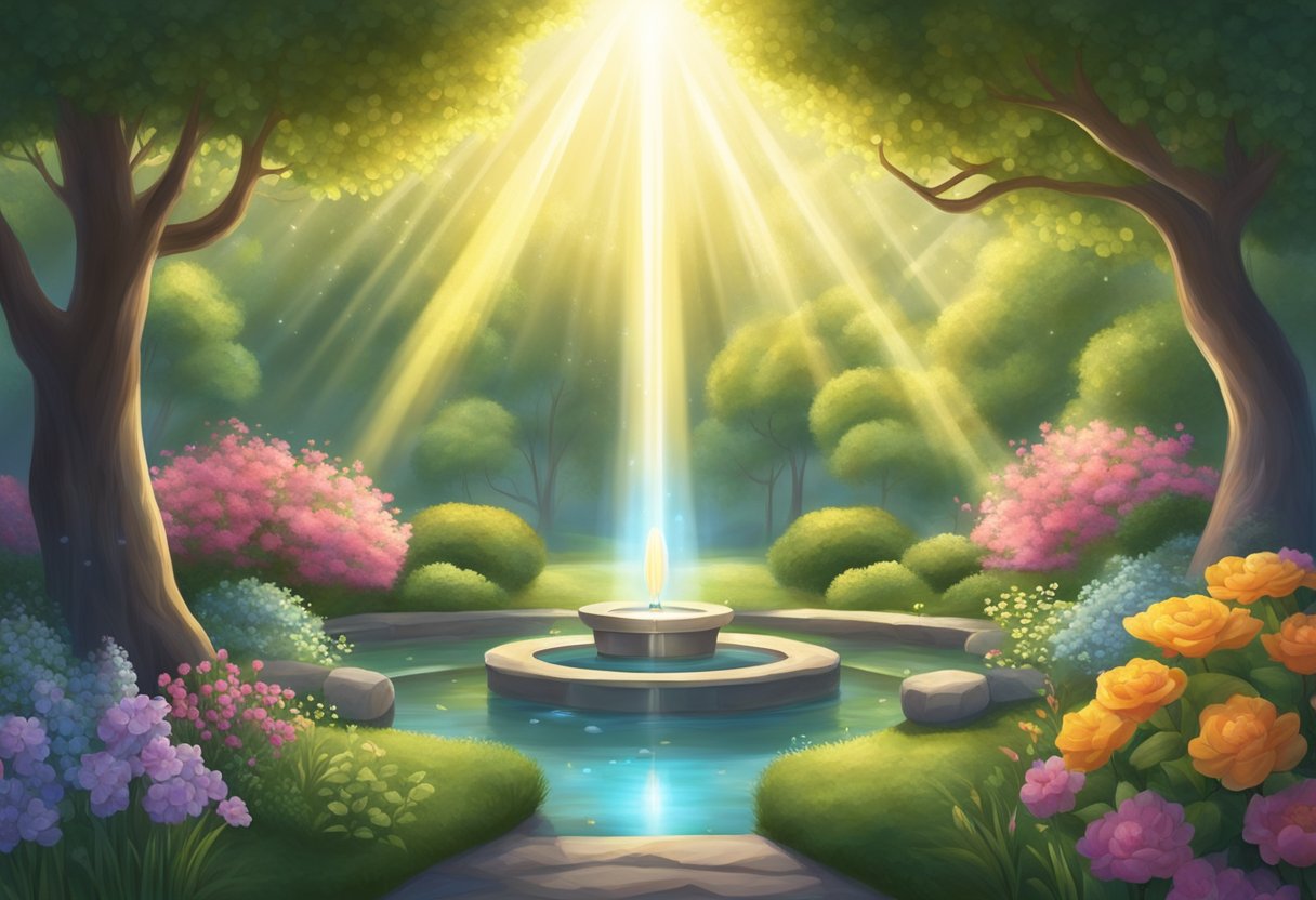A serene garden with a glowing aura surrounding it, shielding it from any harm. A beam of light emanates from the center, symbolizing the power of prayer for protection