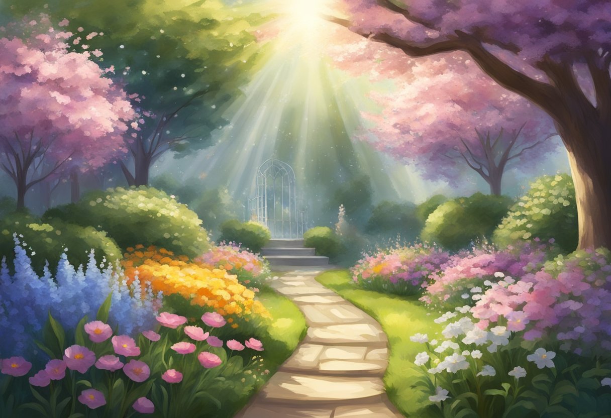A serene garden with a beam of light shining down on a peaceful scene, surrounded by blooming flowers and a sense of protection and healing energy