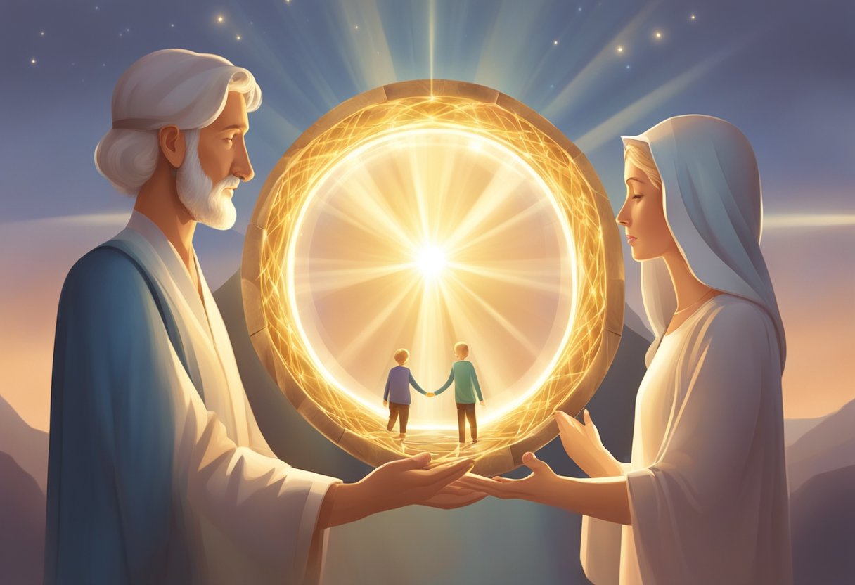 A family of four holding hands in a circle, surrounded by a protective shield of light, while praying for the well-being and protection of their loved ones from illnesses