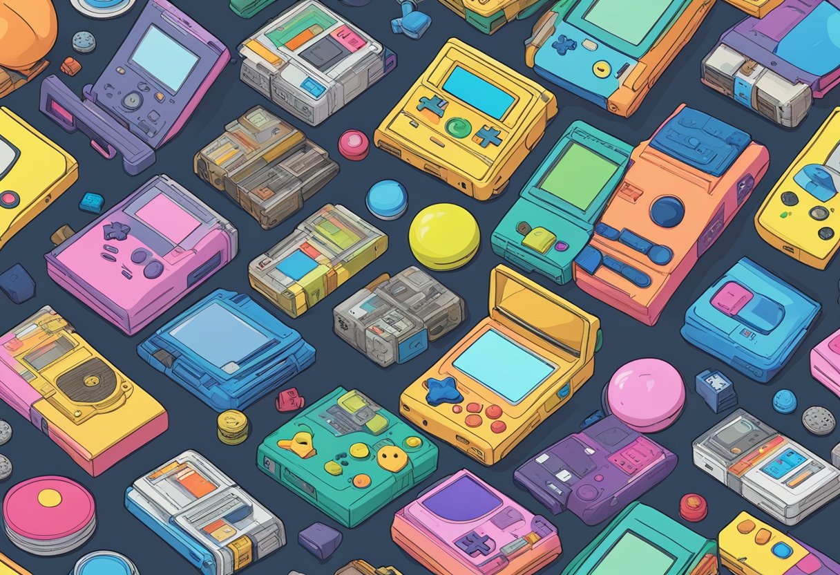 A stack of 90s toys: Tamagotchi, Gameboy, Beanie Babies, and cassette tapes