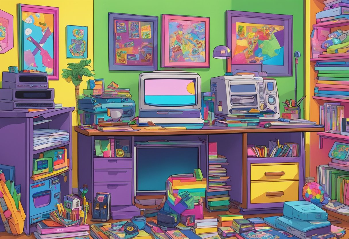 A room with a colorful, cluttered desk covered in Lisa Frank stickers, a TV playing Rugrats, a stack of VHS tapes, and a Tamagotchi on the nightstand