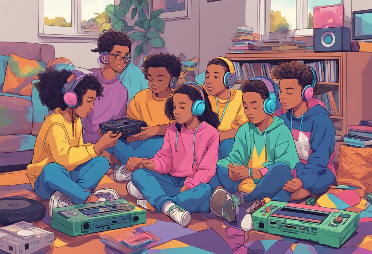 A group of 90s kids playing with classic toys and video games, wearing colorful and baggy clothing, while listening to cassette tapes and CDs