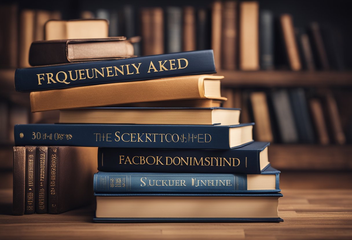 A stack of books with the title "Frequently Asked Questions: The Secret to Successful Book Advertising on Facebook" displayed prominently on the cover