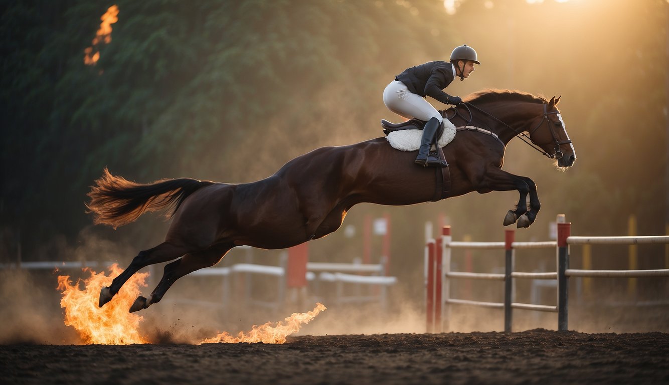 A horse leaps over a flaming hurdle, rider standing tall with arms outstretched. Another horse gallops alongside, rider performing a daring mid-air transfer