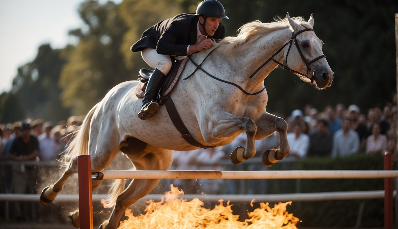 A horse leaps over a flaming hurdle, with a rider standing on its back, arms outstretched for balance. The crowd cheers as the stunt double showcases their skill and fearlessness