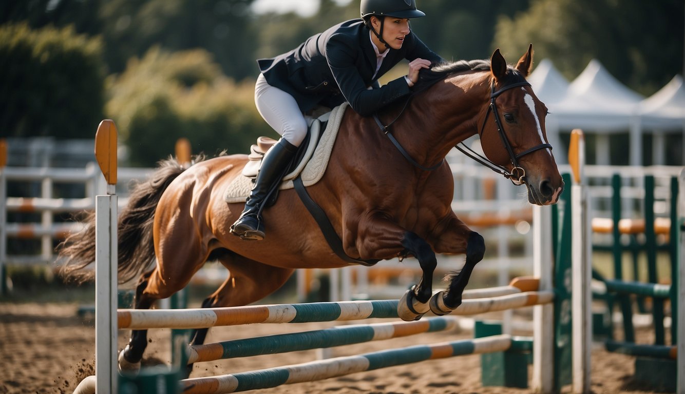 A horse gallops through an obstacle course, leaping over barriers and weaving through tight spaces. The rider maintains a strong and confident posture, demonstrating skill and control