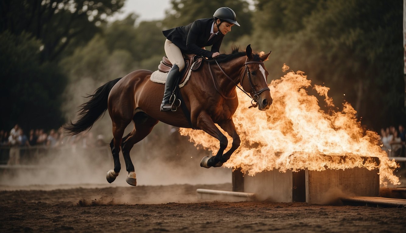 A horse jumping over a flaming obstacle with a rider in a dramatic stunt position, showcasing the specialized skills of a horse riding stunt double