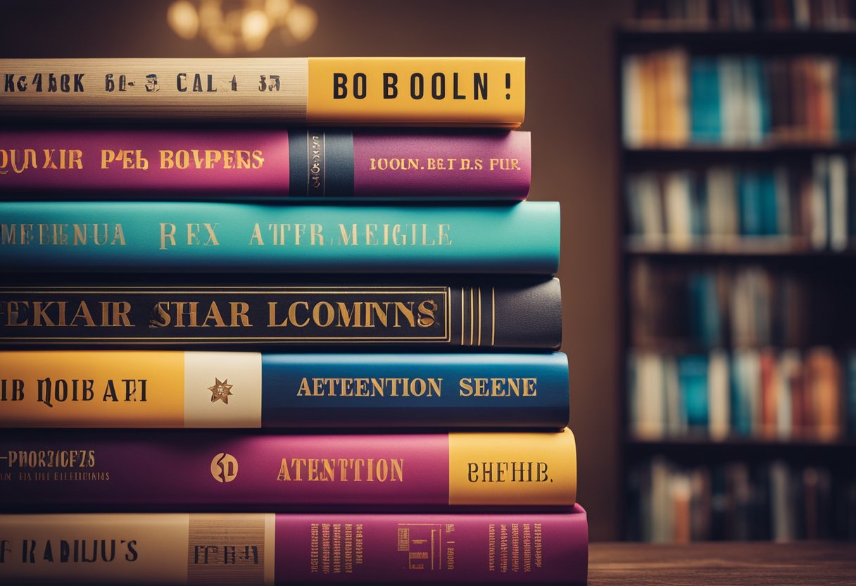 A stack of colorful books with bold text and eye-catching graphics, surrounded by glowing testimonials and star ratings. A call to action in large, attention-grabbing font completes the scene