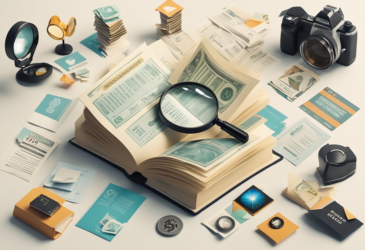 An open book with a magnifying glass hovering over it, surrounded by various marketing materials like flyers, social media icons, and dollar signs