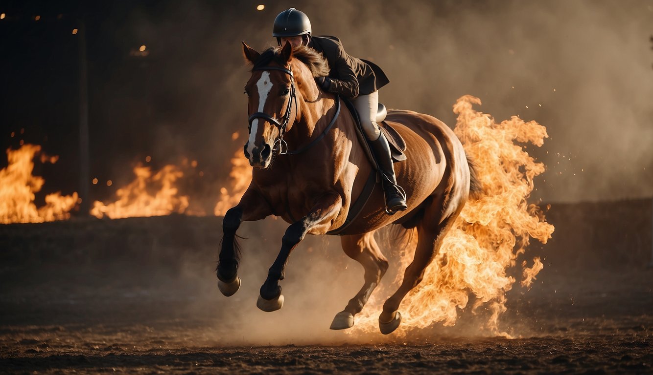 A horse leaping over a flaming obstacle with a rider in a daring stunt