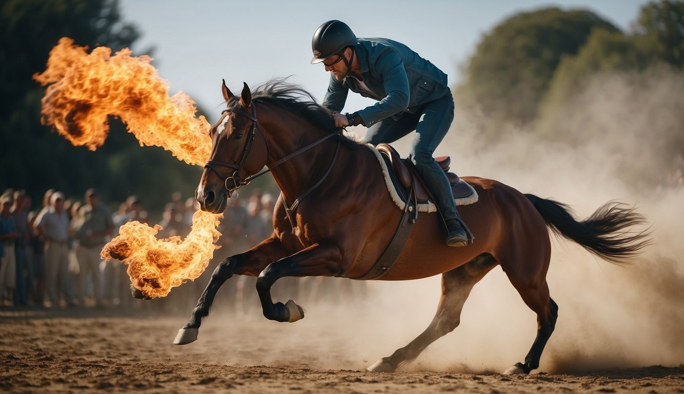 A horse leaps over a flaming obstacle, its mane and tail flying, as a rider performs a daring stunt, showcasing skill and fearlessness