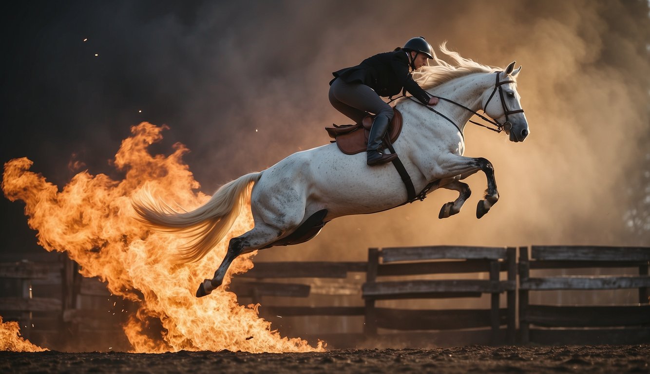 A horse leaps over a flaming obstacle as the stunt double confidently guides it through the air, showcasing skill and bravery